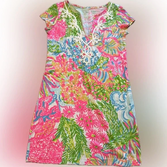 Lily Pulitzer Brewster Dress Coastal Neon Pink Green Sea Pattern Cotton Size XS - Picture 13 of 15
